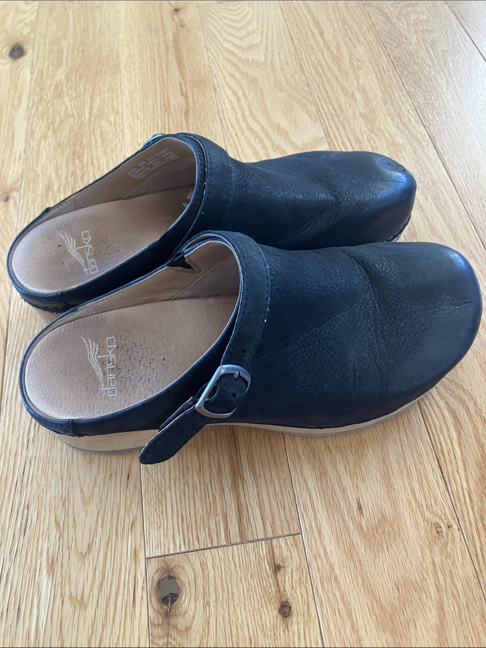 Dansko Black Leather Slip-On Clogs with Buckle